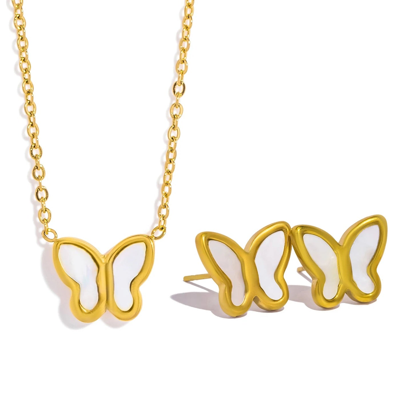 Women's Butterfly Earrings & Necklace Set - Hypoallergenic Stainless Steel with Shell