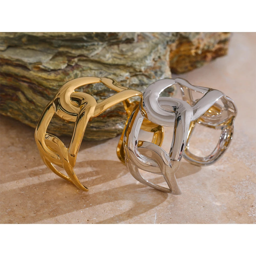 Wide Hollow Stainless Steel Cuff Bracelet – 18K Real Gold Plated Waterproof