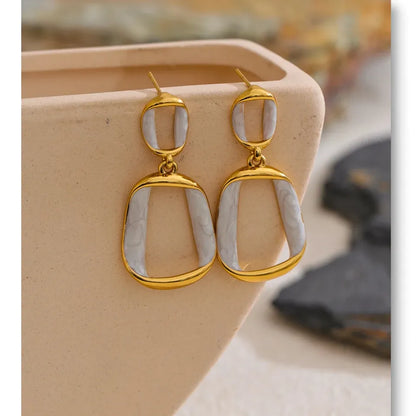 Trendy Stainless Steel White Enamel Rectangular Hollow Drop Earrings 18K Gold Color Plated Jewelry