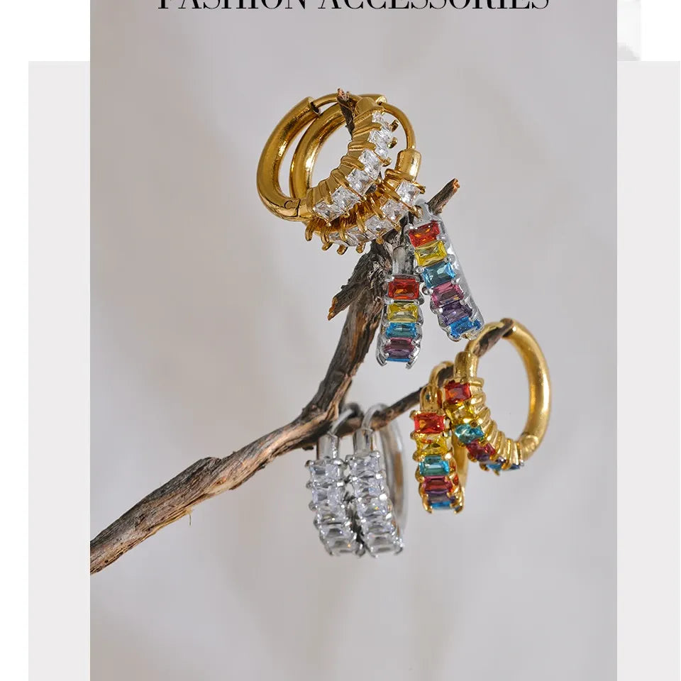 Colorful White Cubic Zirconia Stainless Steel Round Rainbow Bling Hoop Earrings for Women High Quality Jewelry
