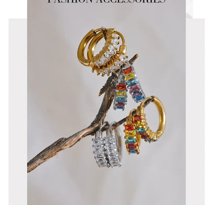 Colorful White Cubic Zirconia Stainless Steel Round Rainbow Bling Hoop Earrings for Women High Quality Jewelry