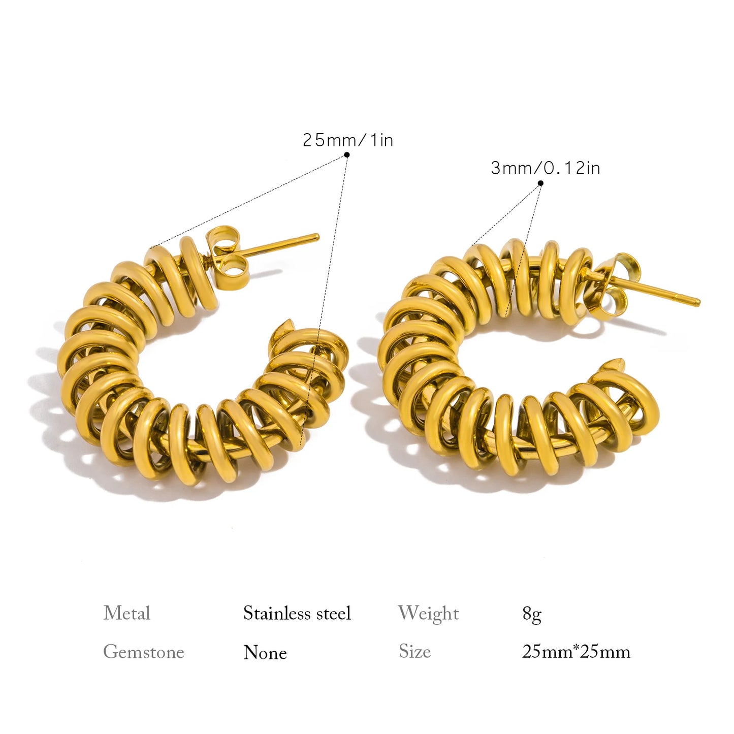 Creative Golden Color Metal Spring Chunky Hoop Earrings for Women - 18K Gold Plated Stainless Steel Jewelry