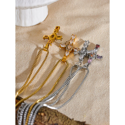 Colorful Cubic Zirconia Cross Pendant Necklace – Gold Stainless Steel