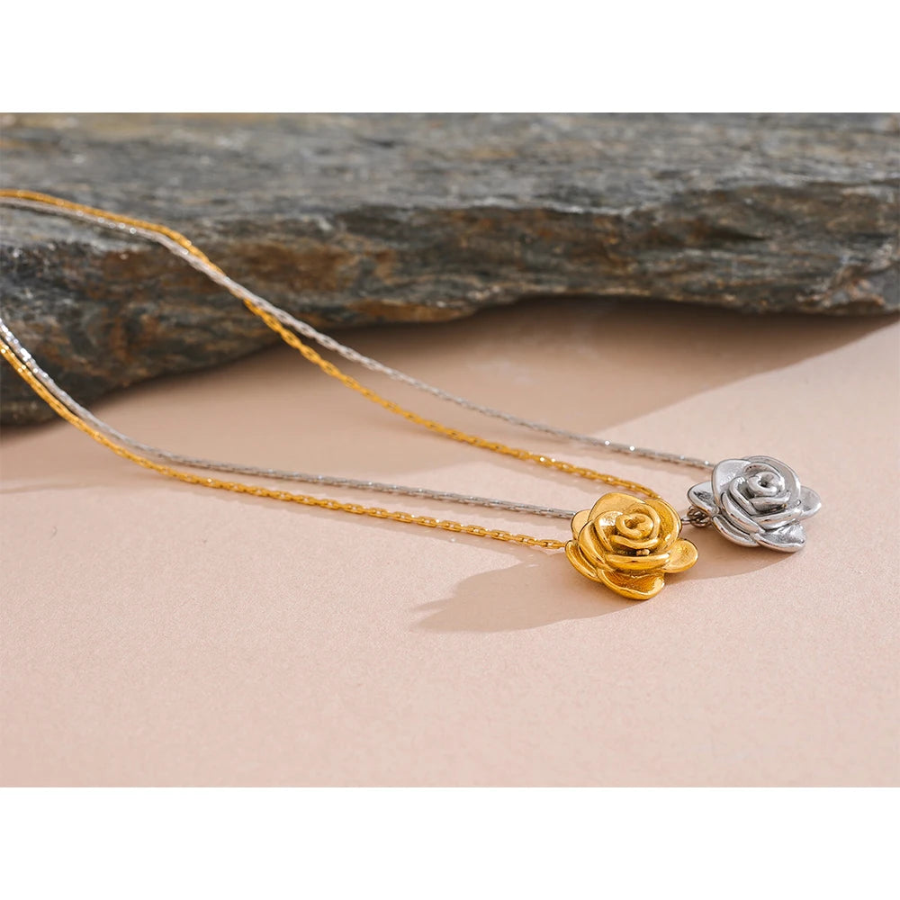 Rose Flower Pendant Necklace – Gold Stainless Steel