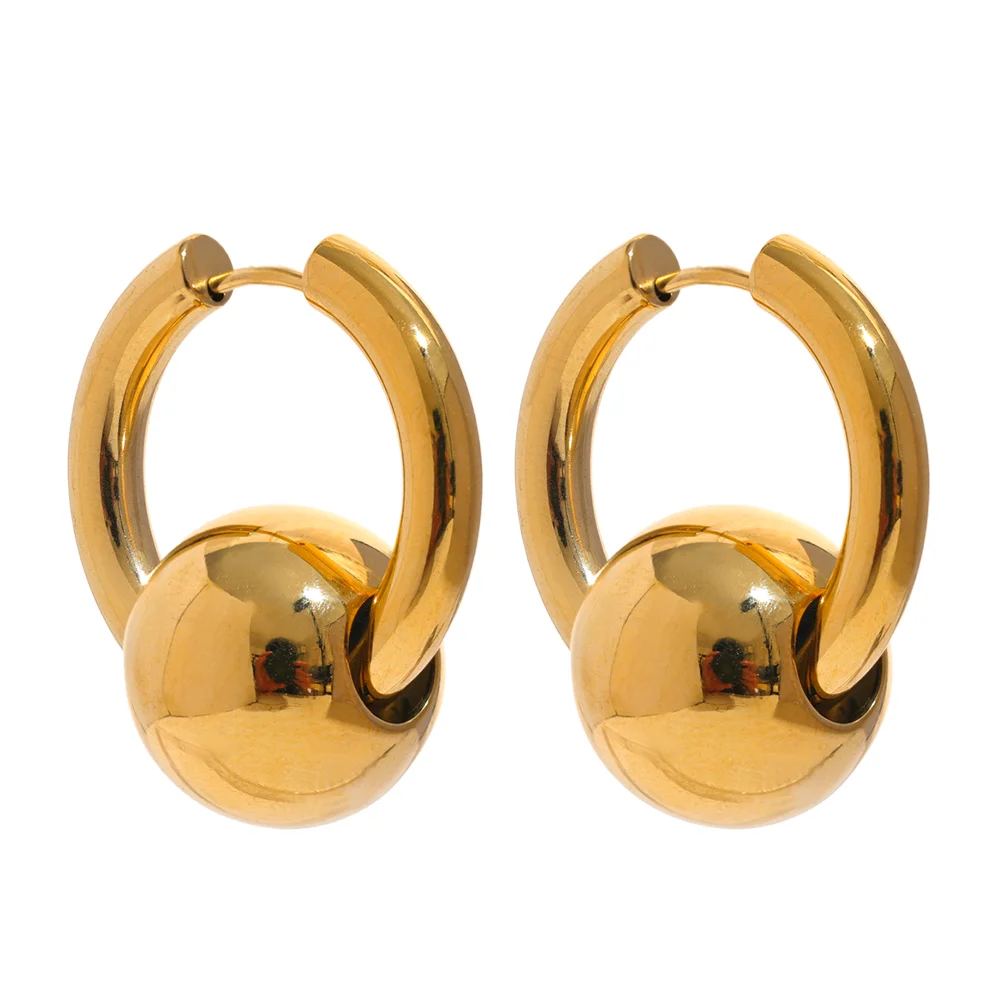 316L Stainless Steel Metal Round Ball Hoop Earrings Waterproof 18K Gold PVD Plated Charm Jewelry