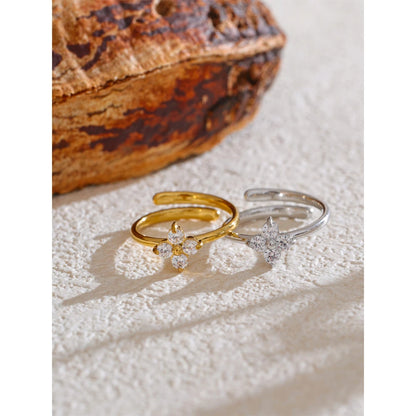 Luxe Jewels Stainless Steel Zirconia Flower Adjustable Ring – PVD Gold Plated Jewelry