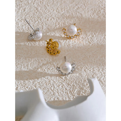 Pearl & Zirconia Stud Earrings – Gold Plated Water Resistant