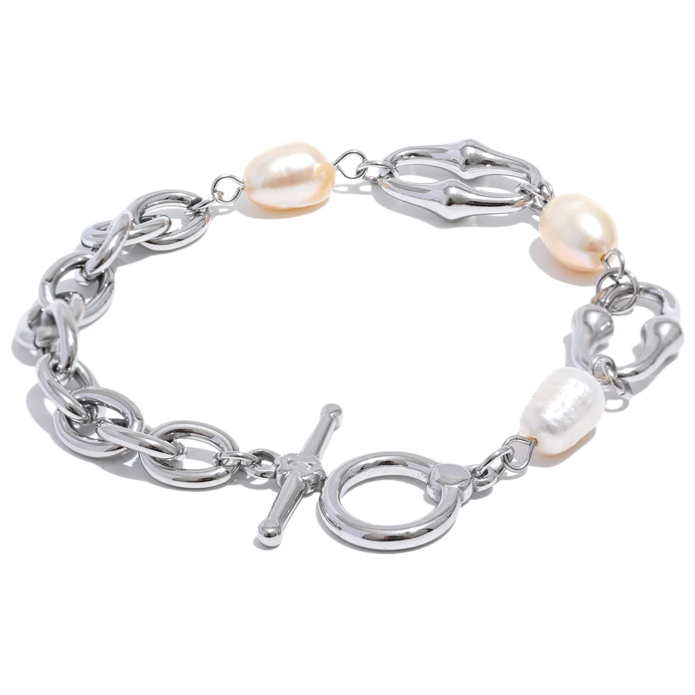 Natural Pearl Toggle Bracelet – 316L Stainless Steel, Waterproof