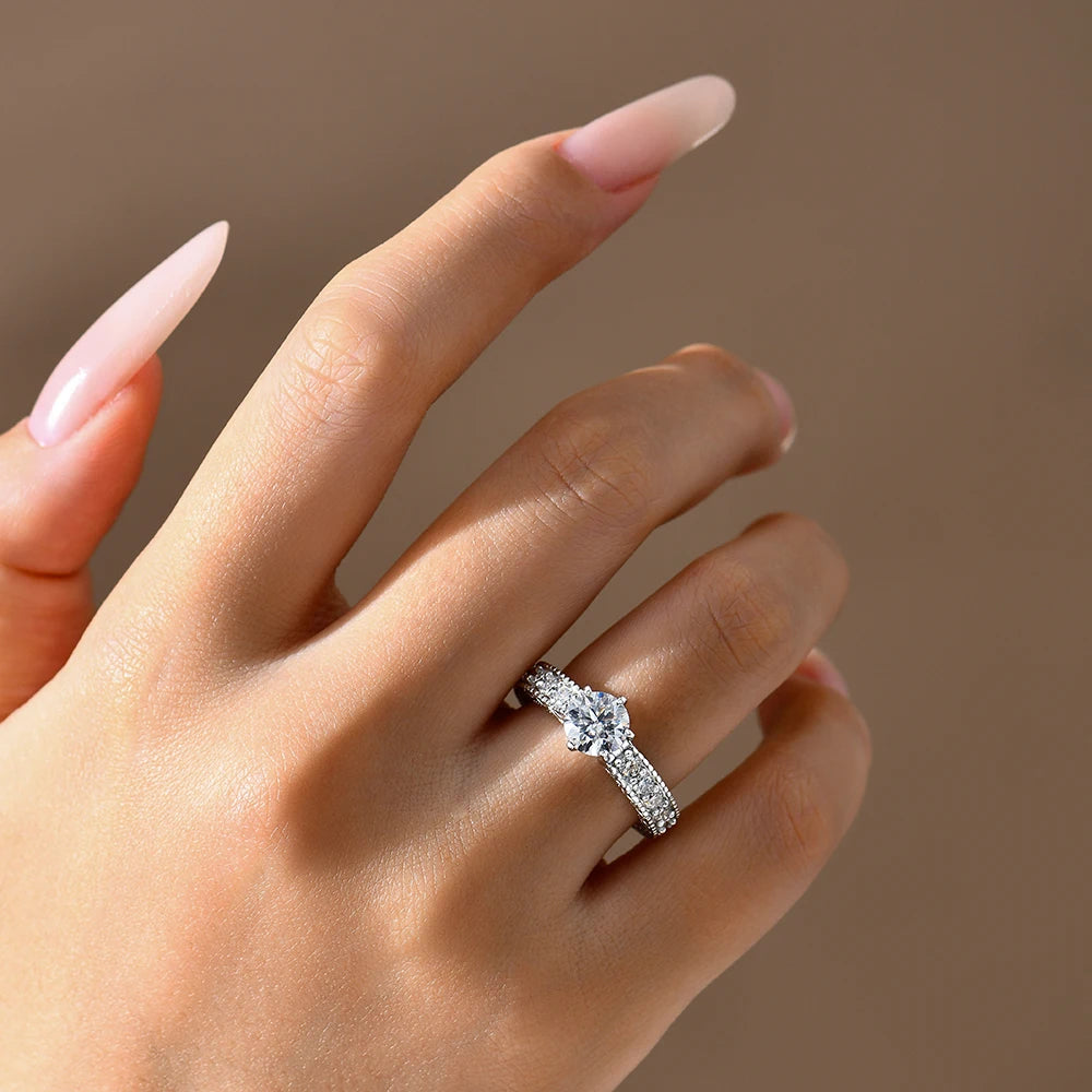 Luxe Jewels Classic Full Moissanite Ring (7MM D VVS1 Round Cut 1.2ct) S925 Sterling Silver Six-claw Wedding Ring  For Women