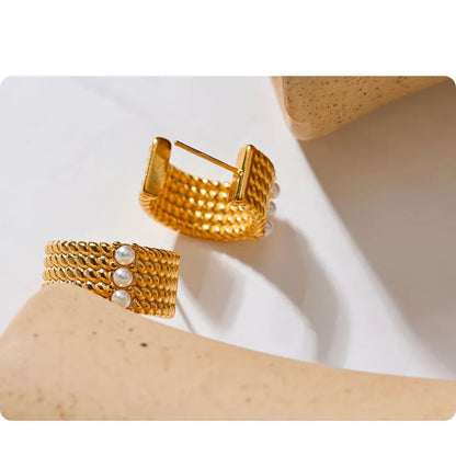 Stainless Steel 18K Gold Plated Waterproof Pearl Hoop Earrings Trendy Fashion Quality Jewelry