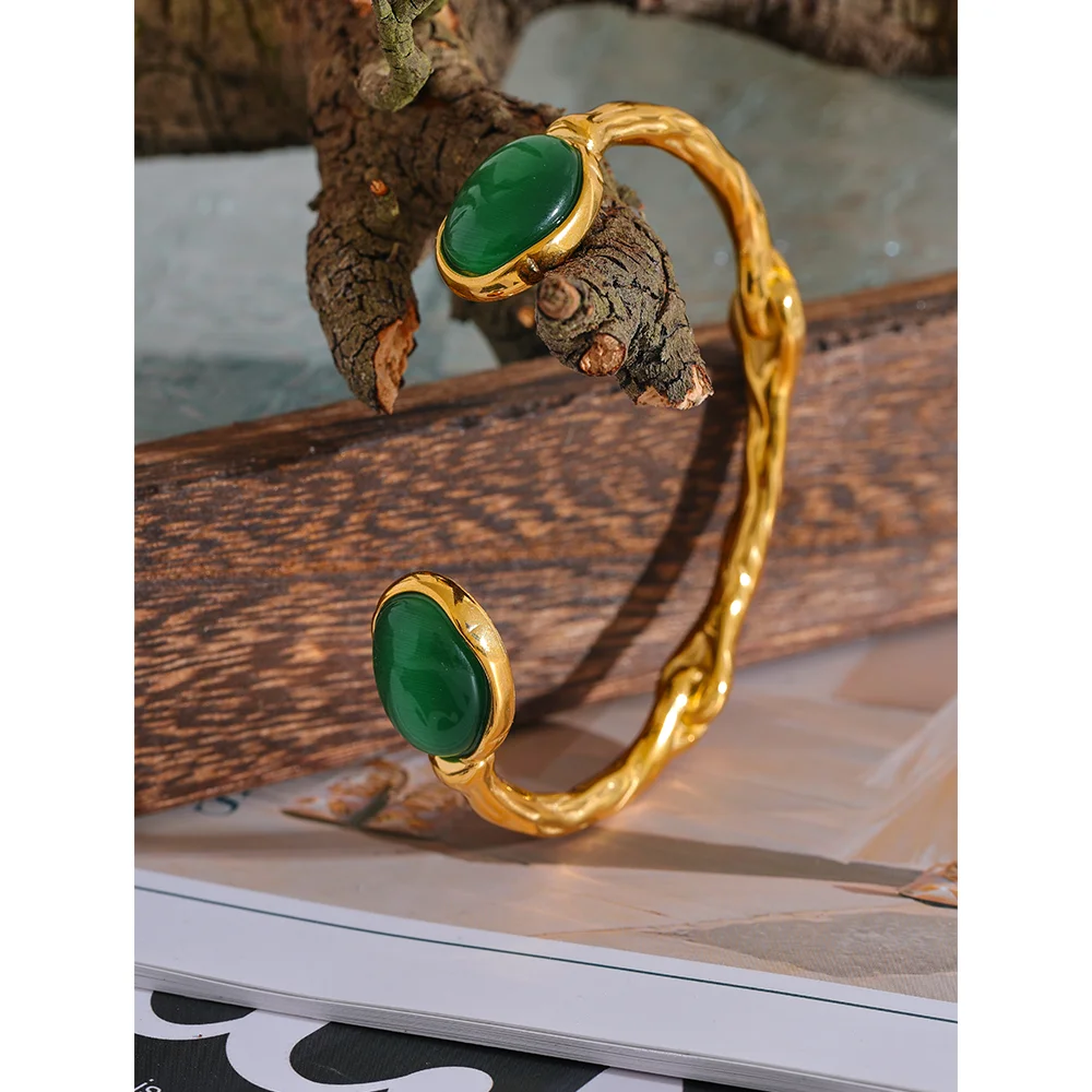 Green Stone Cuff Bracelet – Gold Plated Stainless Steel, Textured 18K Plated Waterproof Jewelry