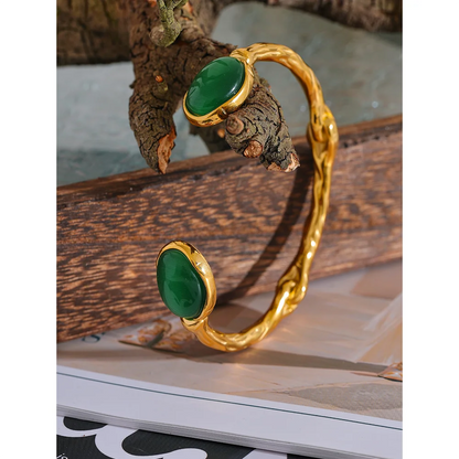 Green Stone Cuff Bracelet – Gold Plated Stainless Steel, Textured 18K Plated Waterproof Jewelry