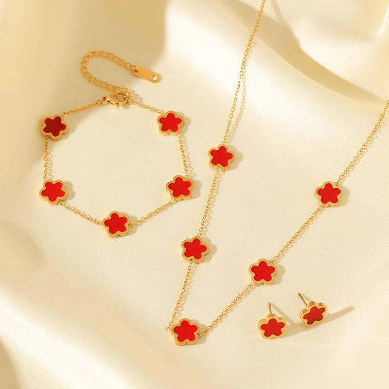 Five-Leaf Clover Jewelry Set – Pink Flower Stainless Steel Trio