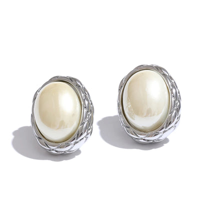 Korean Style Off White Gold - Oval Stud Earrings for Women Pearl Stainless Steel 18K PVD Plated Fashion Jewelry