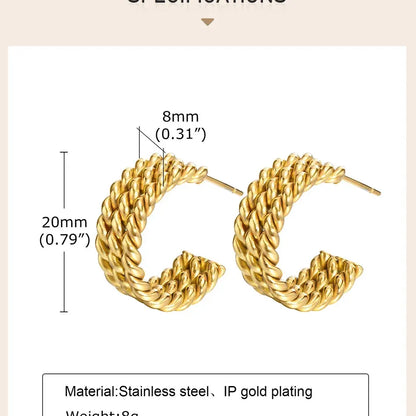 Triple Hoop Earring For Women, Rope Twist Open Hoops, Danity Fashion Stainless Steel Jewelry, No Fade