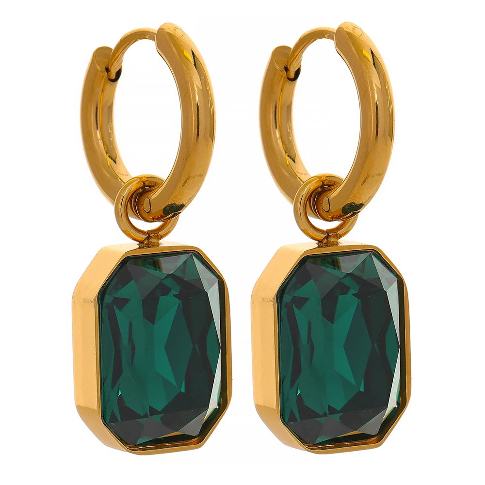 Stainless Steel Cubic Zirconia Drop Dangle Charms Trendy Earrings 18k-gold-plated Green Square Earring Jewelry