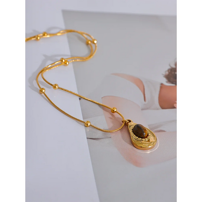 Natural Tiger Eye Stone Drop Necklace – Cashew Shape Pendant in Gold