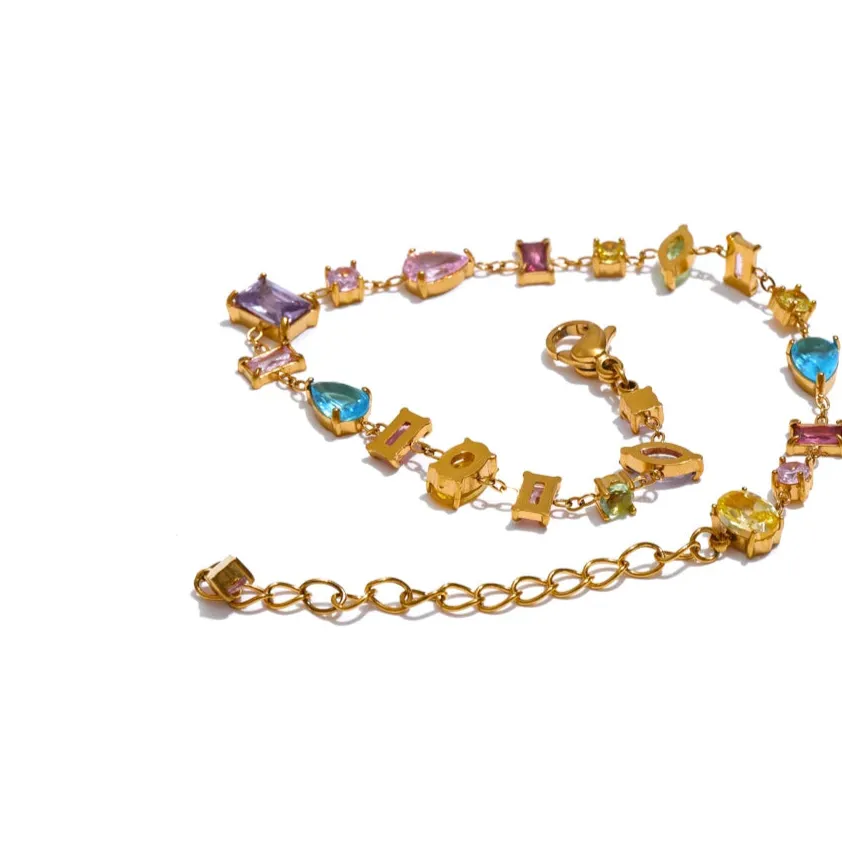 Colorful Zirconia Charm Bracelet – Gold Plated Stainless Steel, Waterproof