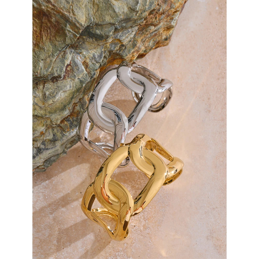 Wide Hollow Stainless Steel Cuff Bracelet – 18K Real Gold Plated Waterproof