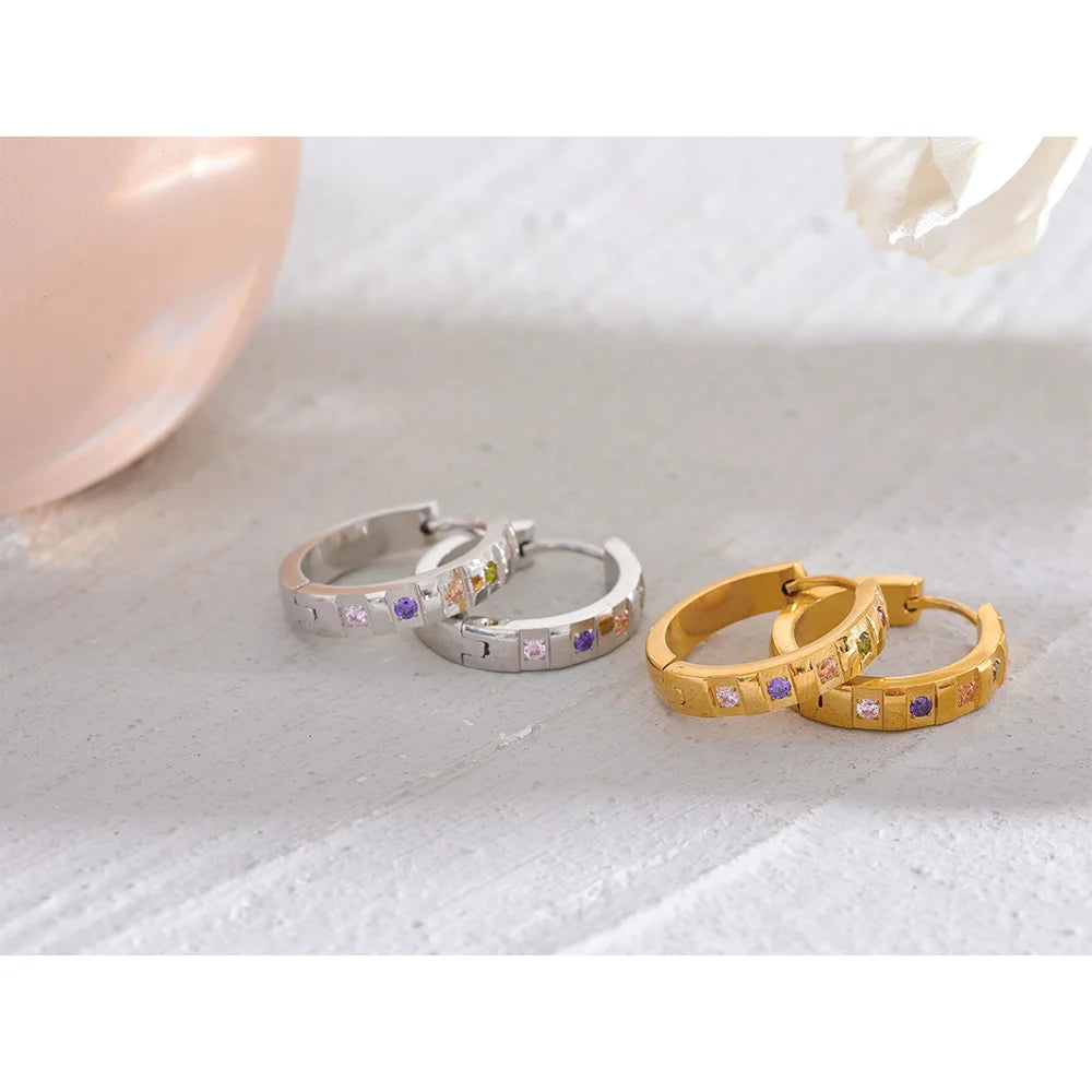 20mm Exquisite Colorful Cubic Zirconia Stainless Steel Round Hoop Earrings  Waterproof Classic Jewelry