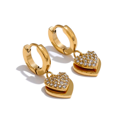 18K Gold Plated Stainless Steel Double Heart Cubic Zircon Drop Hoop Earrings for Women Hypoallergenic High Quality Jewelry