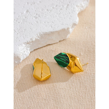 Gold Plated Green Malachite Geometric Earrings – Tarnish Resistant Studs