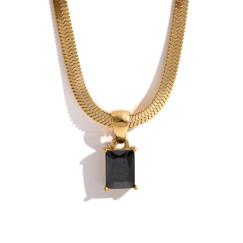 Geometric Square CZ Drop Snake Necklace – Waterproof Gold-Plated