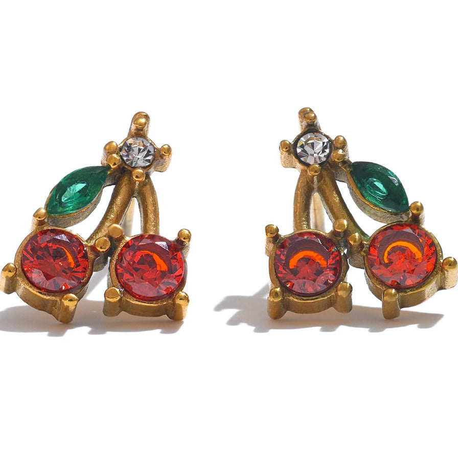 Red Cubic Zirconia Cherry Fruit Stud Earrings for Women Stainless Steel Waterproof Jewelry