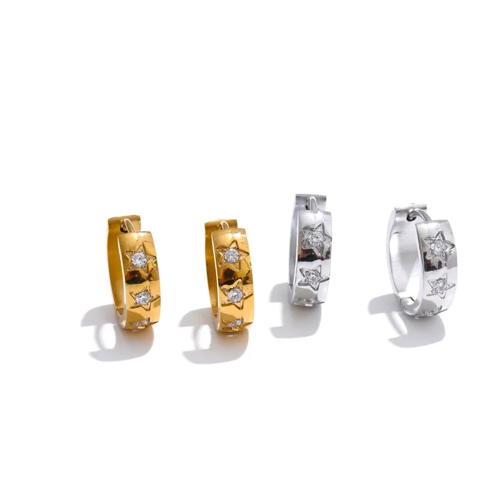 16mm Zirconia Star Round Daily Hoop Earrings for Women Hypoallergenic Stainless Steel High Quality Chic Jewelry