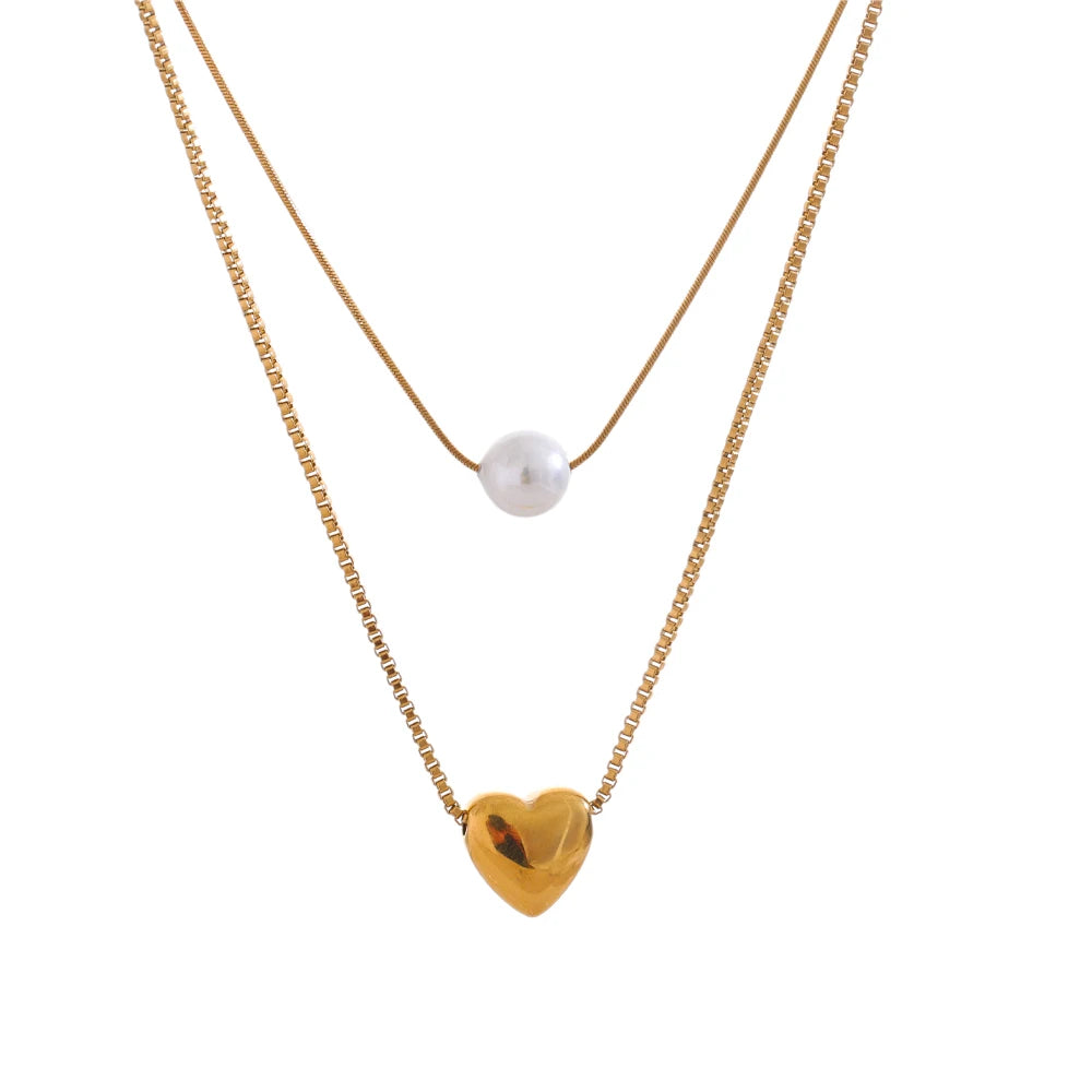 Two-Layer Heart and Pearl Necklace – Elegant Pendant Jewelry