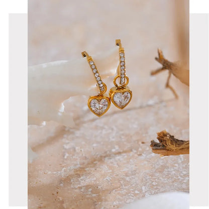18K Gold Plated Cubic Zirconia Heart Love Drop Small Hoop Earrings for Women - High Quality Exquisite Jewelry