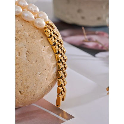 Luxury Pearl Cuban Bracelet – 18K Gold Plated 316L Stainless Steel Waterproof