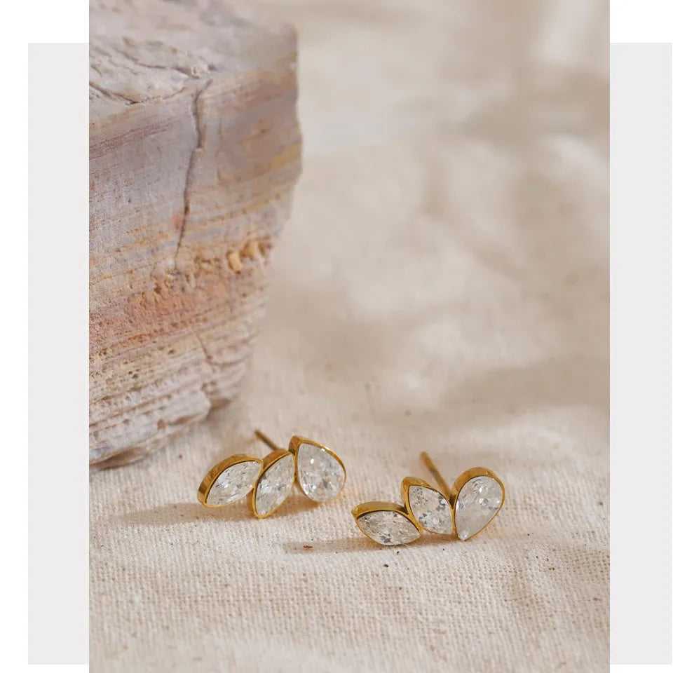 Waterproof Shiny Cubic Zirconia Exquisite Wing Small Stud Earrings - 18K Gold Plated Stainless Steel Chic Jewelry