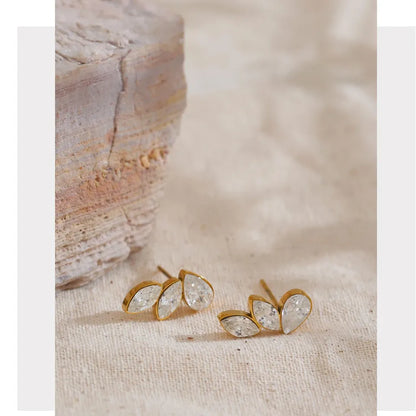 Waterproof Shiny Cubic Zirconia Exquisite Wing Small Stud Earrings - 18K Gold Plated Stainless Steel Chic Jewelry