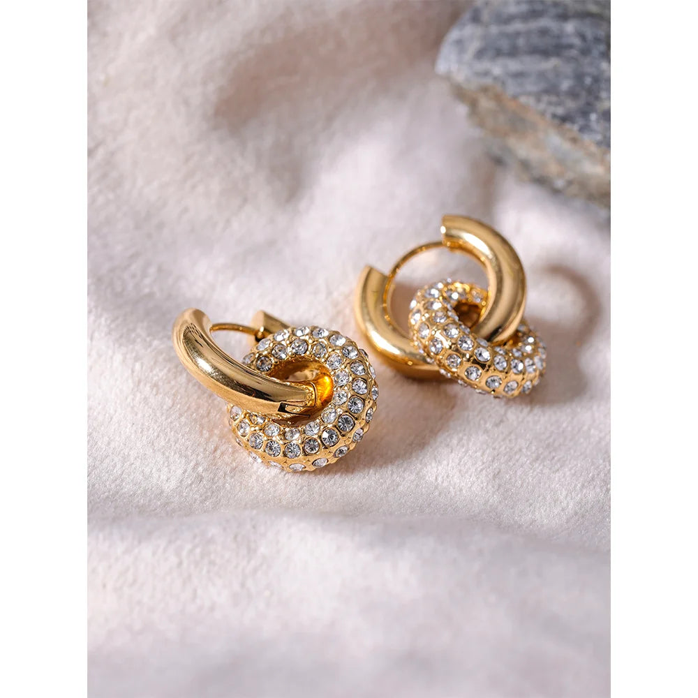 Cubic Zirconia Round Stainless Steel 18K Gold Color Huggie Hoop Earrings High Quality Jewelry