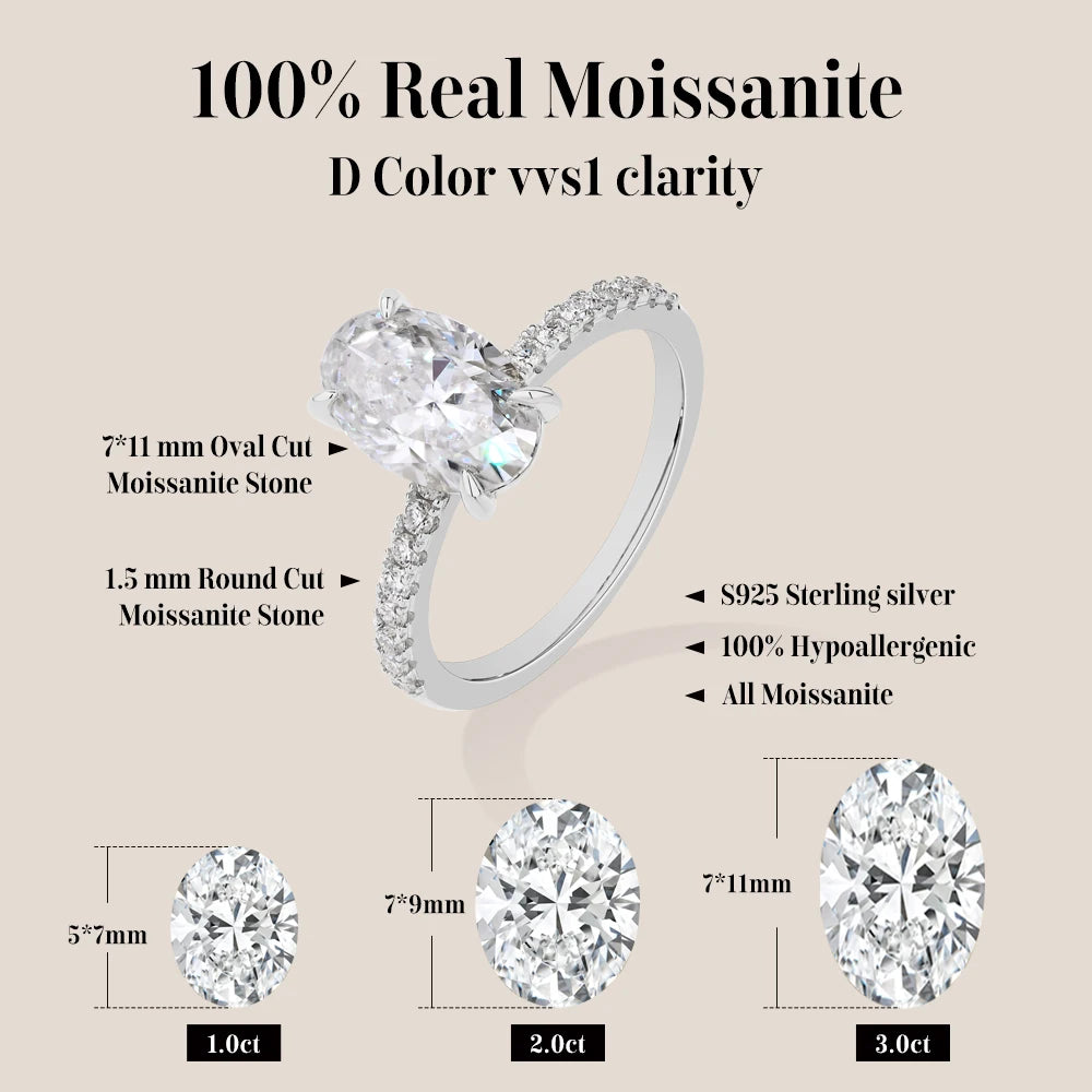 Luxe Jewels Oval Cut 3.0CT All Moissanite Ring - 925 Sterling Silver Engagement Ring
