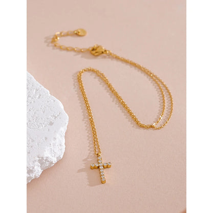 Cubic Zirconia Cross Pendant – 316L Gold Stainless Steel Necklace