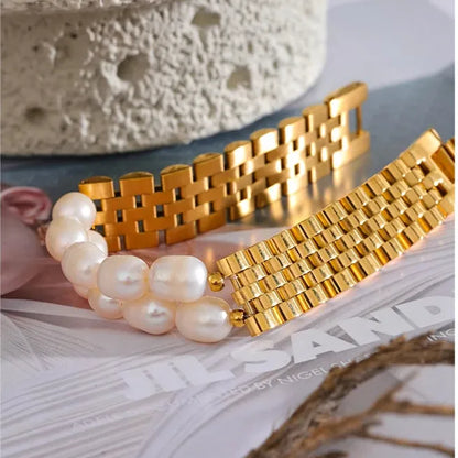 Luxury Pearl Cuban Bracelet – 18K Gold Plated 316L Stainless Steel Waterproof