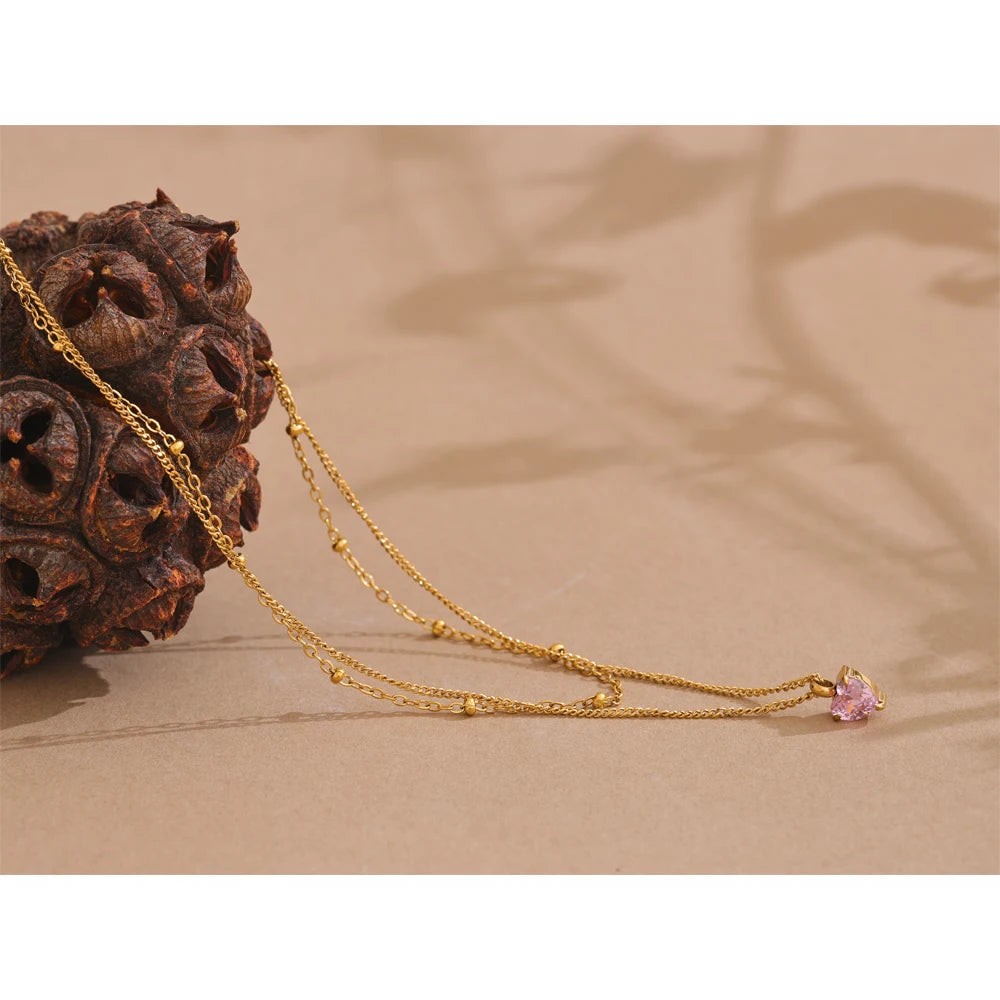 Elegant Pink Zircon Heart Double-Layer Necklace – Gold Plated