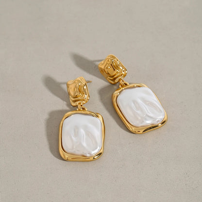 Uworld Retro Stainless Steel 18K Gold Plated Shell Pearl Earrings Geometric Square Large Earrings Women's Jewelry Gift for Her