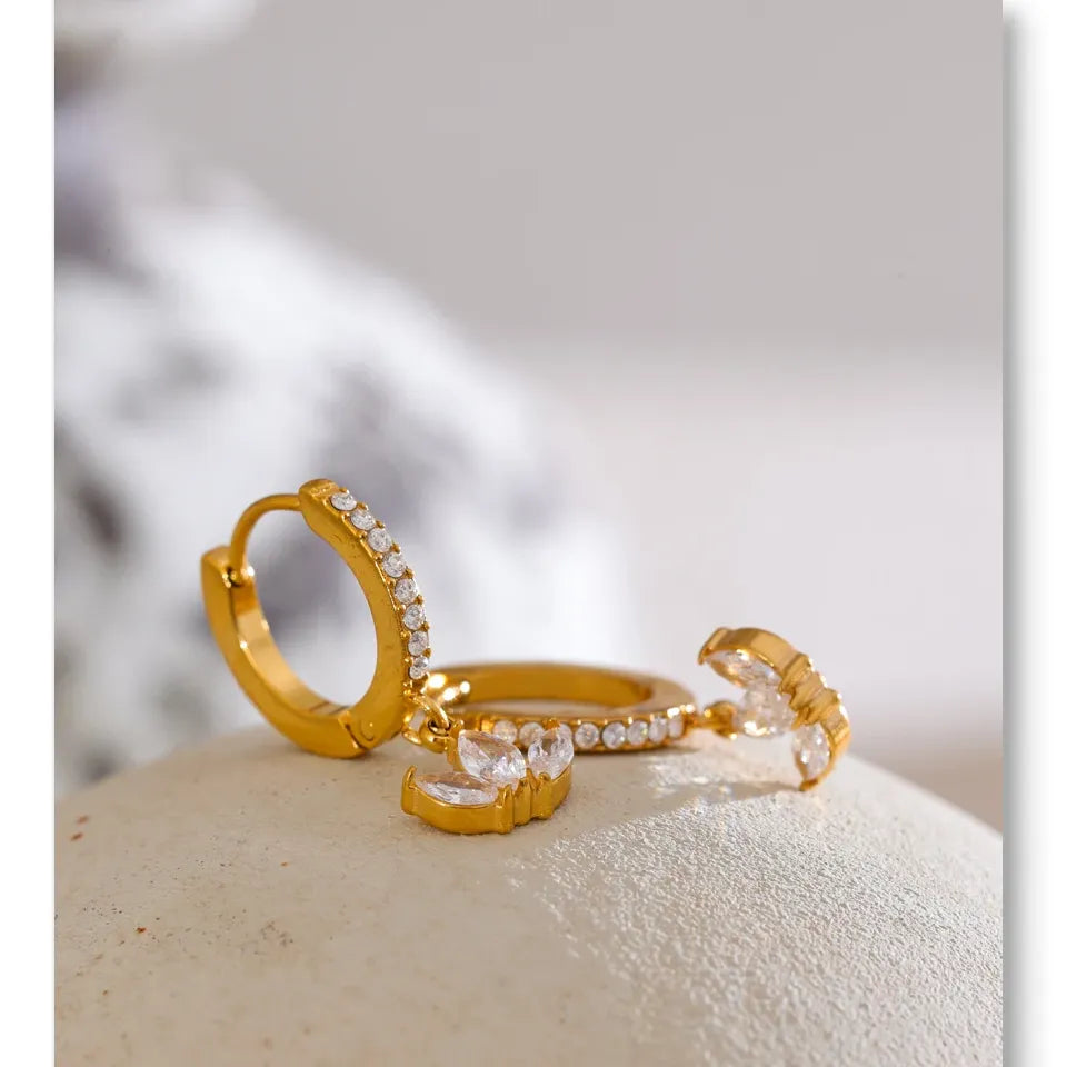 Waterproof Cubic Zirconia Flower Drop Hoop Earrings Hypoallergenic Stainless Steel Gold Color Daily Wear Fashion Jewelry