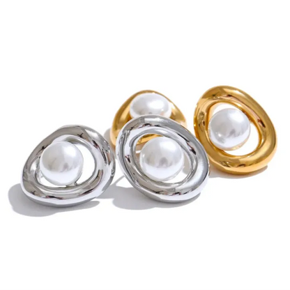 Gold Plated Tarnish-Free Hollow Oval Pearl Stud Earrings – Elegant Jewelry