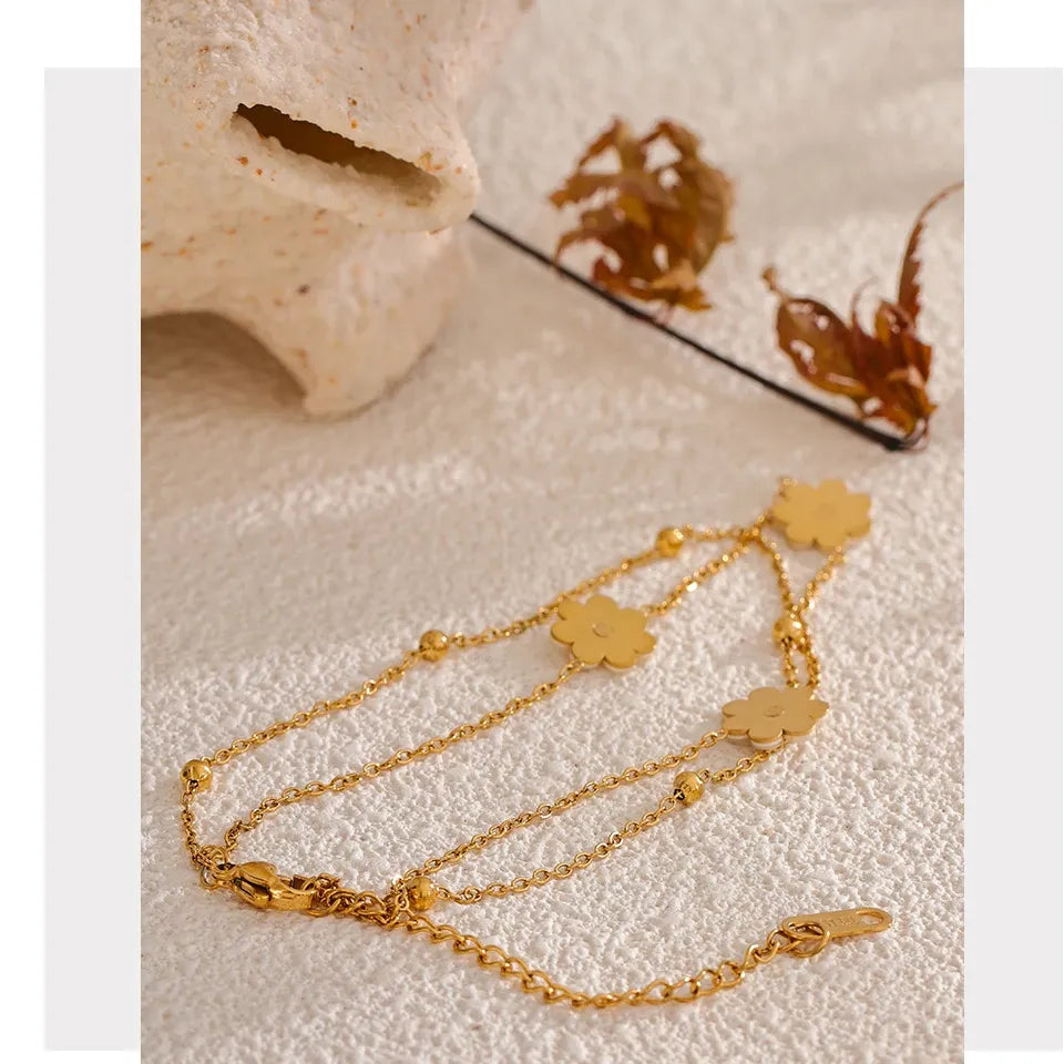 Double Layer Shell Flower Necklace & Anklet – Gold-Plated Plant Charm Jewelry