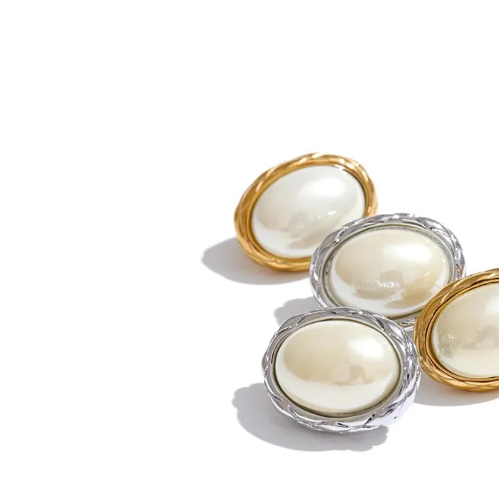 Korean Style Off White Gold - Oval Stud Earrings for Women Pearl Stainless Steel 18K PVD Plated Fashion Jewelry