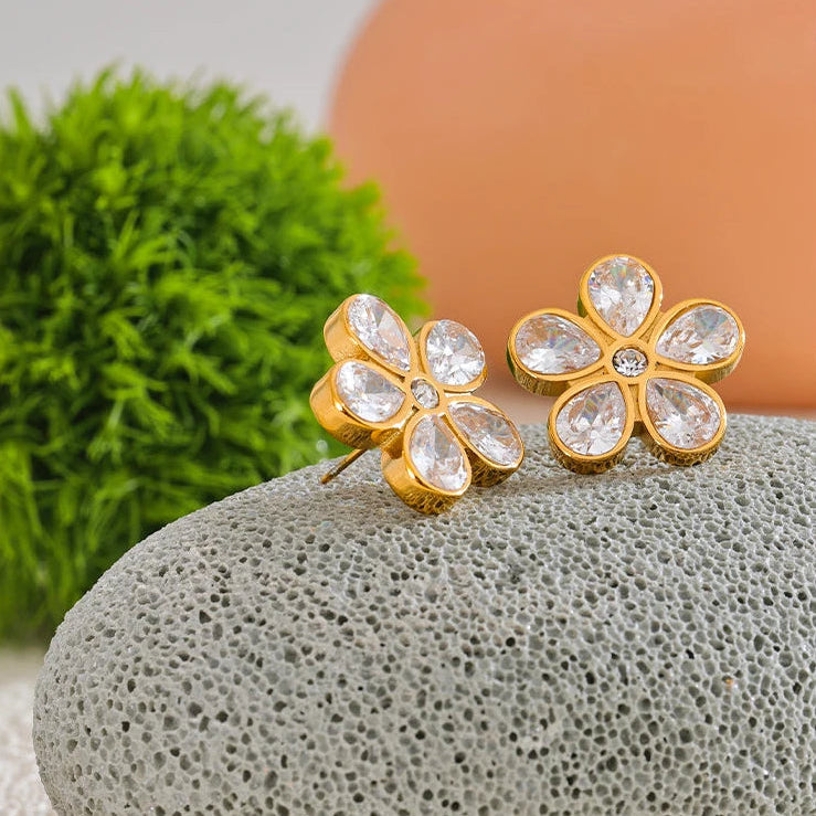 Cubic Zirconia Flower Golden Stud Earrings for Women - 316L Stainless Steel Waterproof Jewellery
