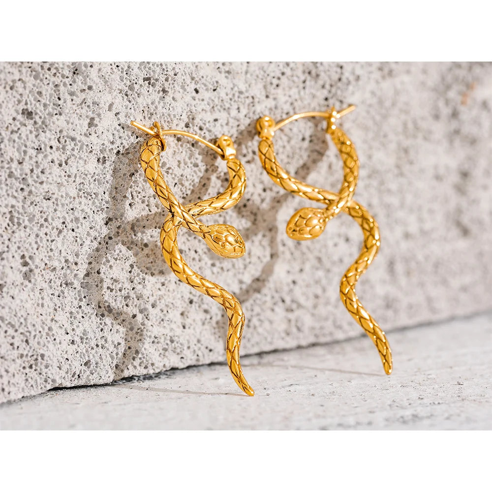 Stylish Unique Stainless Steel Snake Hoop Earrings - 18K PVD Gold Waterproof Jewelry