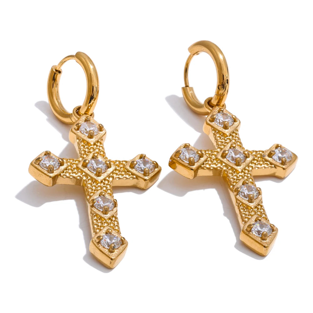 Bling Cubic Zirconia Classic Cross Drop Hoop Earrings 18K Gold Color PVD Plated Stainless Steel Exquisite Jewelry