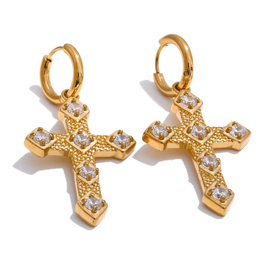 Bling Cubic Zirconia Classic Cross Drop Hoop Earrings 18K Gold Color PVD Plated Stainless Steel Exquisite Jewelry