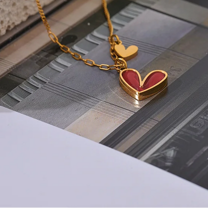 Red Enamel Heart Shell Pendant – Gold Stainless Steel Necklace