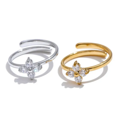 Luxe Jewels Stainless Steel Zirconia Flower Adjustable Ring – PVD Gold Plated Jewelry
